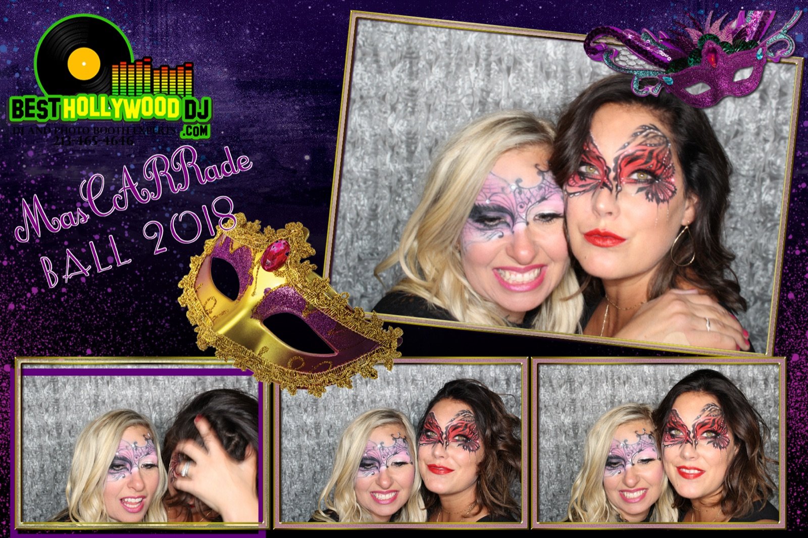 Two friends in face-paint masks at a masquerade ball photo booth, custom template
