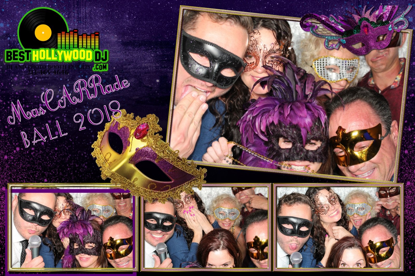 Group of guests in feather and metallic masks at a masquerade ball photo booth, custom template