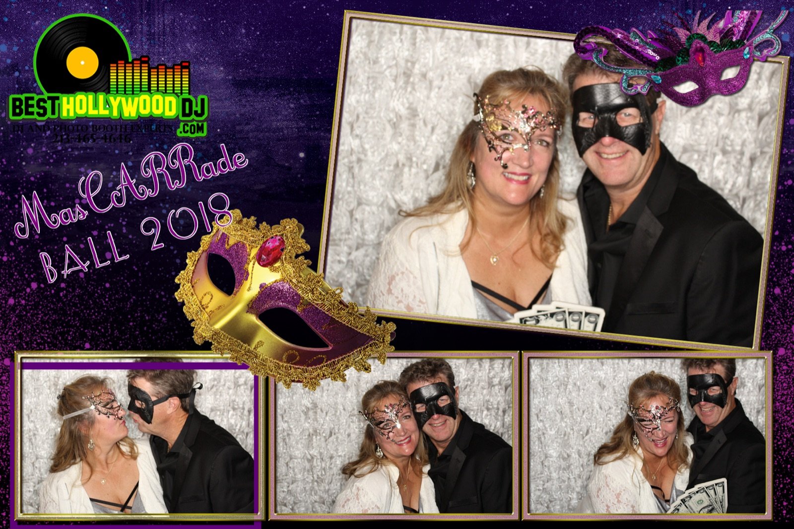 Couple in lace and black masks at a masquerade ball photo booth, custom template
