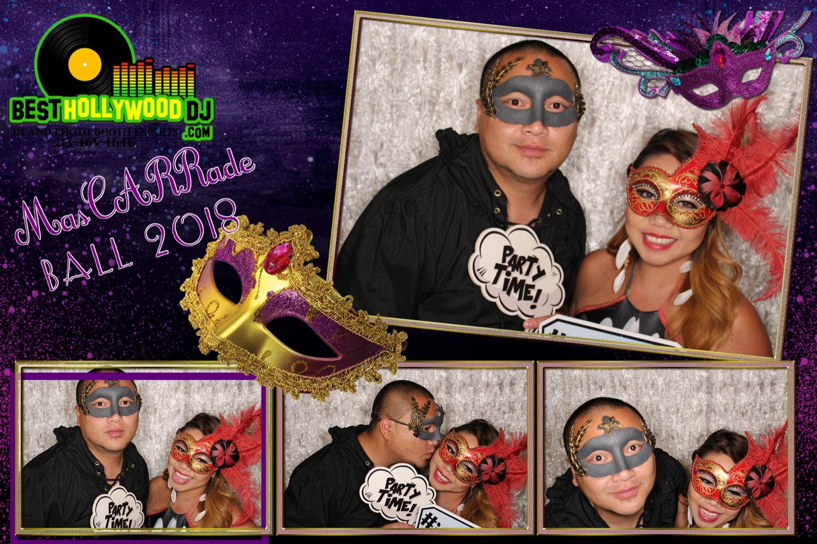Couple in red feather and gray masks at a masquerade ball photo booth, custom purple and gold template